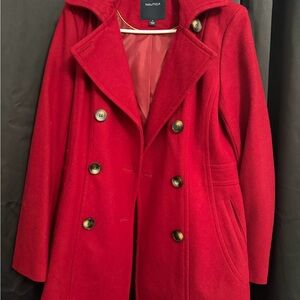 Nautica Women's Bright Red Double-Breasted Pea Coat with Gold Buttons